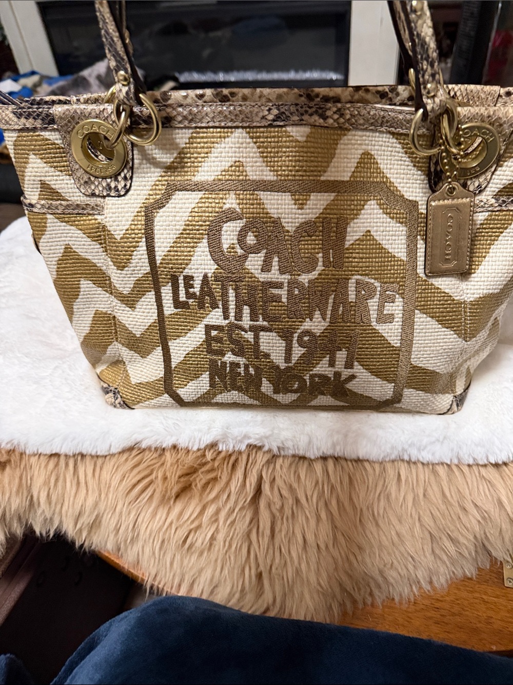 Coach Rare Limited Edition Gold Ivory Zebra Raffia Python Straw Tote Bag